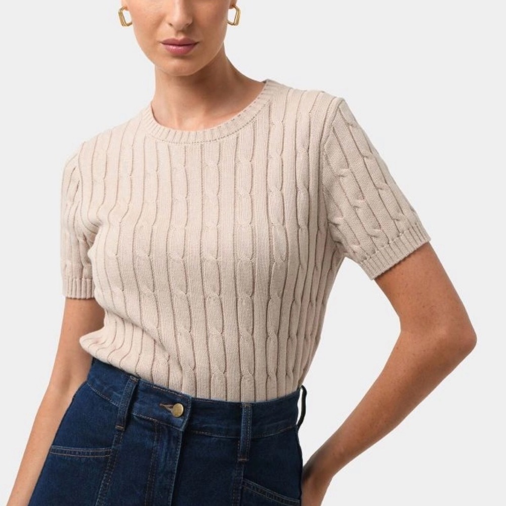 Forcast Cable Knit Short Sleeve Top - Cream